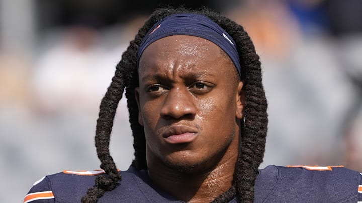 Sep 21, 2025; Chicago, Illinois, USA; Chicago Bears middle linebacker Tremaine Edmunds (49) before the game against the Dallas Cowboys at Soldier Field. Mandatory Credit: David Banks-Imagn Images