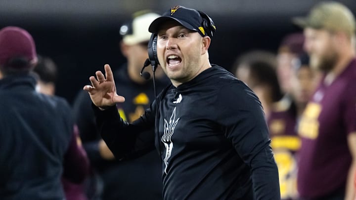 Nov 28, 2025; Tempe, Arizona, USA; Arizona State Sun Devils head coach Kenny Dillingham reacts against the Arizona Wildcats during the 99th Territorial Cup at Mountain America Stadium. Mandatory Credit: Mark J. Rebilas-Imagn Images Nov 28, 2025; Tempe, Arizona, USA; Arizona State Sun Devils head coach Kenny Dillingham reacts against the Arizona Wildcats during the 99th Territorial Cup at Mountain America Stadium. Mandatory Credit: Mark J. Rebilas-Imagn Images