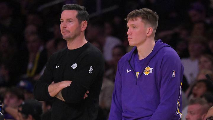 Mar 30, 2026; Los Angeles, California, USA; Los Angeles Lakers head coach JJ Redick waits with forward Dalton Knecht (4) to get into the game in the second half against the Washington Wizards at Crypto.com Arena. Mandatory Credit: Jayne Kamin-Oncea-Imagn Images