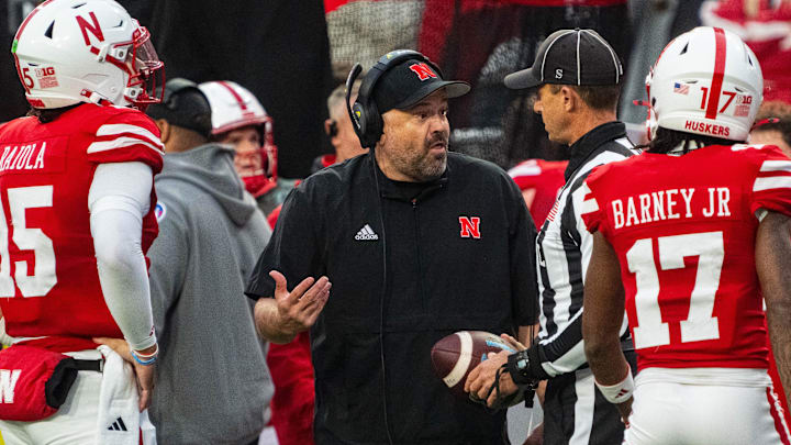 Nebraska head coach Matt Rhule talks with an official during the Huskers' game against UCLA on Nov 2, 2024.