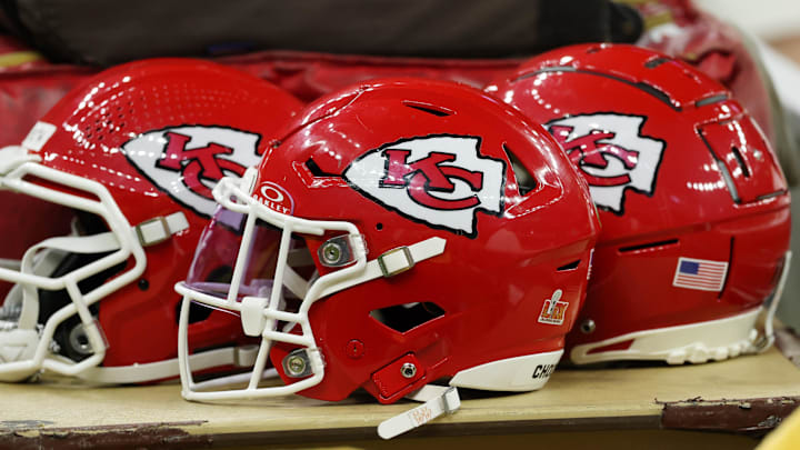 Feb 9, 2025; New Orleans, LA, USA; A detail view of Kansas City Chiefs helmets before Super Bowl LIX between the Philadelphia Eagles and the Kansas City Chiefs at Caesars Superdome. Mandatory Credit: Geoff Burke-Imagn Images