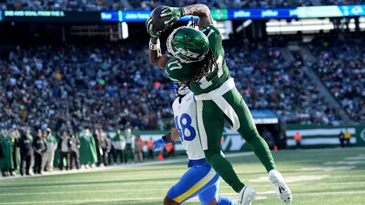 New York Jets wide receiver Davante Adams (17) is unable to hold onto the ball at the end zone, Sunday, December 22, 2024, in East Rutherford. New York Jets wide receiver Davante Adams (17) is unable to hold onto the ball at the end zone, Sunday, December 22, 2024, in East Rutherford.
