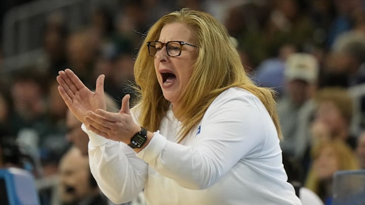 Feb 16, 2025; Los Angeles, California, USA; UCLA Bruins head coach Cori Close reacts against the Michigan State Spartans in the first half at Pauley Pavilion presented by Wescom. Mandatory Credit: Kirby Lee-Imagn Images