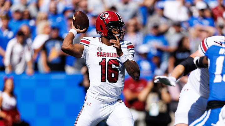 Sep 7, 2024; Lexington, Kentucky, USA; South Carolina Gamecocks quarterback LaNorris Sellers (16) throws a pass during the first quarter against the Kentucky Wildcats at Kroger Field. Mandatory Credit: Jordan Prather-Imagn Images