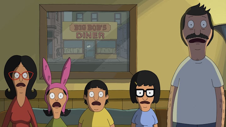 Linda Belcher (voiced by John Roberts), Louise Belcher (voiced by Kristen Schaal), Gene Belcher (voiced by Eugene Mirman), Tina Belcher (voiced by Dan Mintz), and Bob Belcher (voiced by H. Jon Benjamin) in 20th Century Studios' THE BOB'S BURGERS MOVIE. Photo courtesy of 20th Century Studios. © 2022 20th Century Studios. All Rights Reserved. /