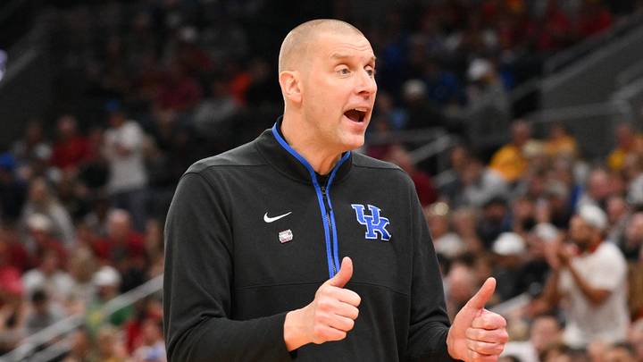 Mar 22, 2026; St. Louis, MO, USA; Kentucky Wildcats head coach Mark Pope reacts to a play during the first half against the Iowa State Cyclones during a second round game of the men's 2026 NCAA Tournament at Enterprise Center. Mandatory Credit: Jeff Curry-Imagn Images Mar 22, 2026; St. Louis, MO, USA; Kentucky Wildcats head coach Mark Pope reacts to a play during the first half against the Iowa State Cyclones during a second round game of the men's 2026 NCAA Tournament at Enterprise Center. Mandatory Credit: Jeff Curry-Imagn Images