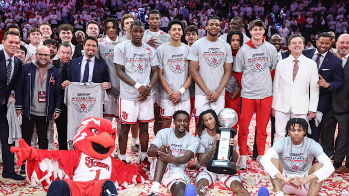 Mar 1, 2025; New York, New York, USA;  The St. John's basketball team pose for a team photo after defeating the Seton Hall Pirates 71-61 to win the Big East Regular Season Champiosnhip at Madison Square Garden. Mandatory Credit: Wendell Cruz-Imagn Images