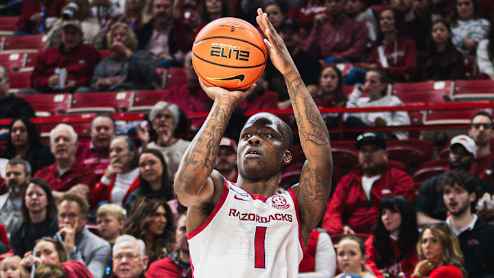 Johnell Davis (1) shoots a three against UTSA inside Bud Walton Arena. The Razorbacks won 75-60. 