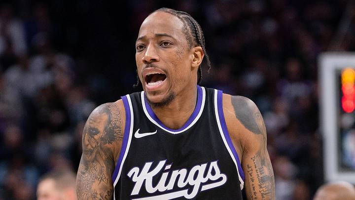 Mar 7, 2025; Sacramento, California, USA; Sacramento Kings forward DeMar DeRozan (10) reacts to a call during the fourth quarter of the game against the San Antonio Spurs at Golden 1 Center. Mandatory Credit: Ed Szczepanski-Imagn Images