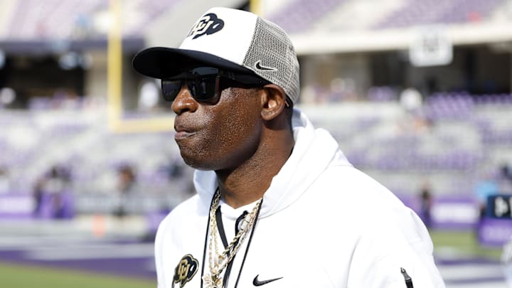 Sep 2, 2023; Fort Worth, Texas, USA; Colorado Buffaloes head coach Deion Sanders walks on the field before the game against the TCU Horned Frogs at Amon G. Carter Stadium. Mandatory Credit: Tim Heitman-Imagn Images Sep 2, 2023; Fort Worth, Texas, USA; Colorado Buffaloes head coach Deion Sanders walks on the field before the game against the TCU Horned Frogs at Amon G. Carter Stadium. Mandatory Credit: Tim Heitman-Imagn Images