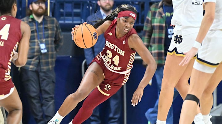 Boston College Eagles guard Dontavia Waggoner (24) dribbles as Notre Dame Fighting Irish forward Maddy Westbeld (21) defends in the second half at the Purcell Pavilion. Boston College Eagles guard Dontavia Waggoner (24) dribbles as Notre Dame Fighting Irish forward Maddy Westbeld (21) defends in the second half at the Purcell Pavilion.