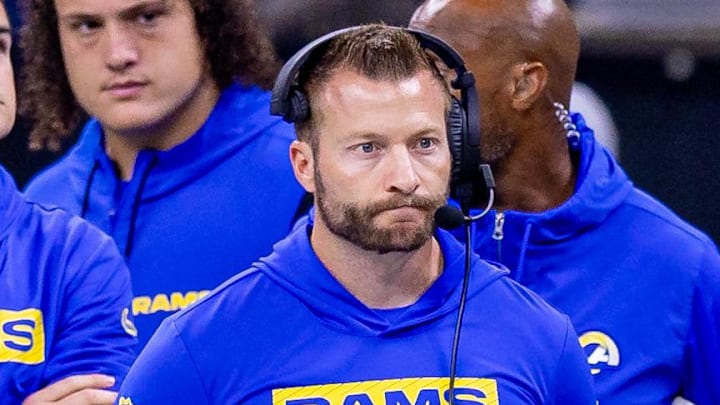 Dec 1, 2024; New Orleans, Louisiana, USA;  Los Angeles Rams head coach Sean McVay looks on against the New Orleans Saints during the first half at Caesars Superdome. Mandatory Credit: Stephen Lew-Imagn Images