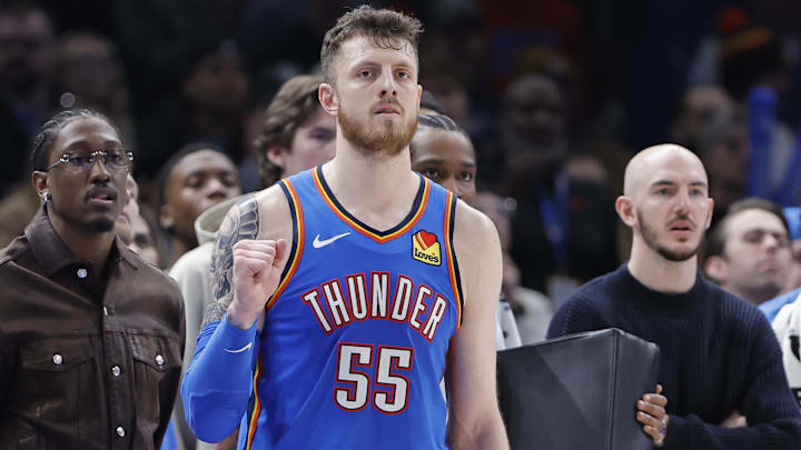Feb 22, 2026; Oklahoma City, Oklahoma, USA; Oklahoma City Thunder center/forward Isaiah Hartenstein (55) reacts after watching his team in a defensive play against the Cleveland Cavaliers during the second half at Paycom Center. Mandatory Credit: Alonzo Adams-Imagn Images