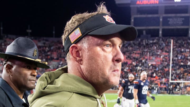 Auburn Tigers head coach Hugh Freeze walks the field after Auburn Tigers take on Kentucky Wildcats at Jordan-Hare Stadium in Auburn, Ala. on Saturday, Nov. 1, 2025. Kentucky Wildcats defeated Auburn Tigers 10-3.