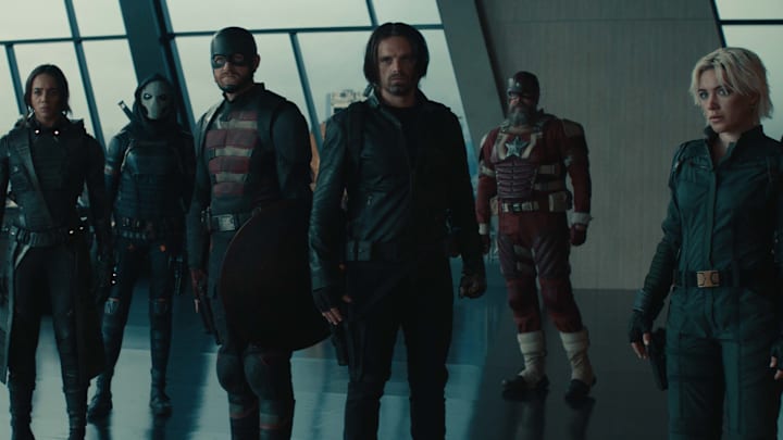 (L-R): Ghost (Hannah John-Kamen), Taskmaster (Olga Kurylenko), John Walker (Wyatt Russell), Bucky Barnes (Sebastian Stan), Alexei Shostakov/Red Guardian (David Harbour), and Yelena Belova (Florence Pugh) in Marvel Studios' THUNDERBOLTS*. Photo courtesy of Marvel Studios. © 2024 MARVEL.