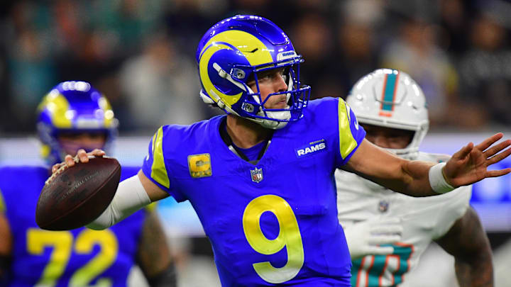 Nov 11, 2024; Inglewood, California, USA; Los Angeles Rams quarterback Matthew Stafford (9) throws against the Miami Dolphins during the first half at SoFi Stadium. Mandatory Credit: Gary A. Vasquez-Imagn Images