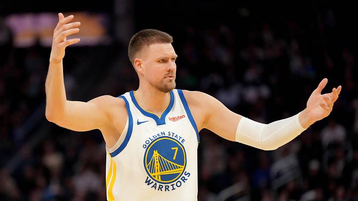Mar 13, 2026; San Francisco, California, USA; Golden State Warriors forward Kristaps Porzingis (7) reacts after being fouled against the Minnesota Timberwolves in the fourth quarter at the Chase Center. Mandatory Credit: Cary Edmondson-Imagn Images