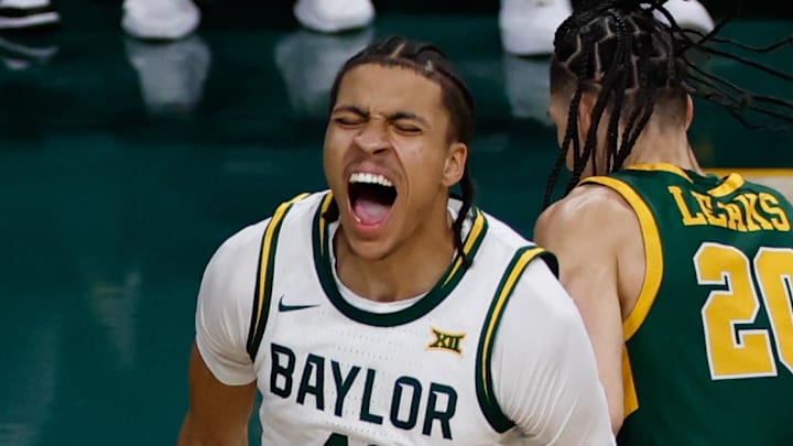Dec 10, 2025; Waco, Texas, USA; Baylor Bears guard Cameron Carr (43) reacts after a play against the Norfolk State Spartans during the second half at Paul and Alejandra Foster Pavilion. Mandatory Credit: Chris Jones-Imagn Images Dec 10, 2025; Waco, Texas, USA; Baylor Bears guard Cameron Carr (43) reacts after a play against the Norfolk State Spartans during the second half at Paul and Alejandra Foster Pavilion. Mandatory Credit: Chris Jones-Imagn Images