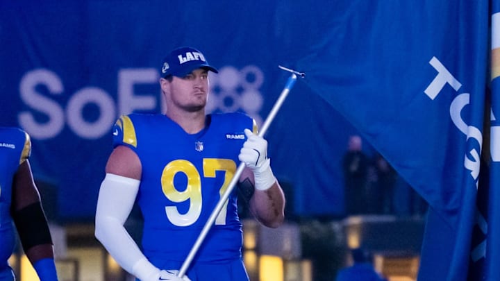 Jan 13, 2025; Glendale, AZ, USA; Los Angeles Rams linebacker Michael Hoecht (97) against the Minnesota Vikings during an NFC wild card game at State Farm Stadium. Mandatory Credit: Mark J. Rebilas-Imagn Images