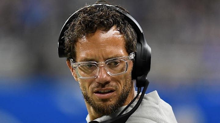 Aug 16, 2025; Detroit, Michigan, USA; Miami Dolphins head coach Mike McDaniels looks on from the sidelines in their game against the Detroit Lions in the first quarter at Ford Field. Mandatory Credit: Eamon Horwedel-Imagn Images