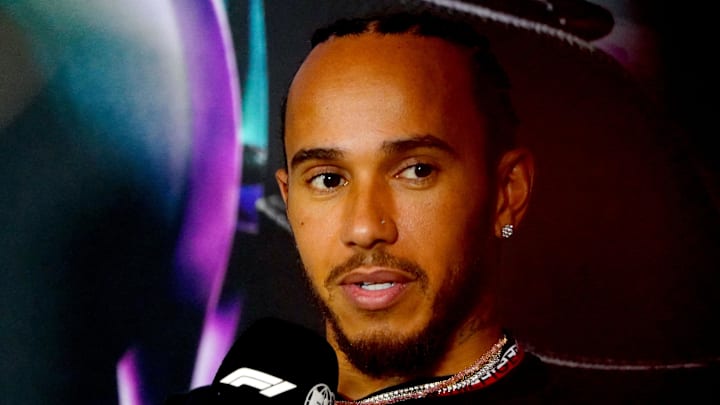 May 2, 2024; Miami Gardens, Florida, USA;  Mercedes driver Lewis Hamilton (44)  addresses the media