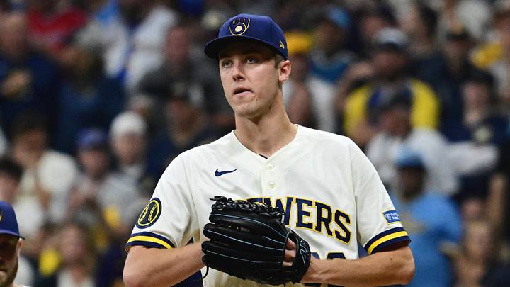 Oct 11, 2026; Milwaukee, Wisconsin, USA; Milwaukee Brewers pitcher Jacob Misiorowski (32) is relieved during the fifth inning against the Los Angeles Dodgers in game one of the NLCS for the 2026 MLB Playoffs at American Family Field. Mandatory Credit: Benny Sieu-Imagn Images Oct 11, 2026; Milwaukee, Wisconsin, USA; Milwaukee Brewers pitcher Jacob Misiorowski (32) is relieved during the fifth inning against the Los Angeles Dodgers in game one of the NLCS for the 2026 MLB Playoffs at American Family Field. Mandatory Credit: Benny Sieu-Imagn Images