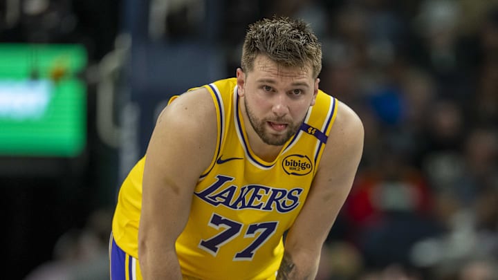 Apr 25, 2025; Minneapolis, Minnesota, USA; Los Angeles Lakers guard Luka Doncic (77) looks on against the Minnesota Timberwolves in the first half during game three of first round for the 2024 NBA Playoffs at Target Center. Mandatory Credit: Jesse Johnson-Imagn Images Apr 25, 2025; Minneapolis, Minnesota, USA; Los Angeles Lakers guard Luka Doncic (77) looks on against the Minnesota Timberwolves in the first half during game three of first round for the 2024 NBA Playoffs at Target Center. Mandatory Credit: Jesse Johnson-Imagn Images