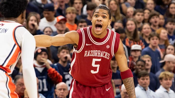 Arkansas Razorbacks guard Darius Acuff Jr. (5) calls a play as Auburn Tigers take on Arkansas Razorbacks at Neville Arena in Auburn, Ala.