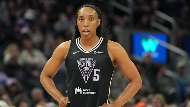 Jun 1, 2025; San Francisco, California, USA; Golden State Valkyries forward Kayla Thornton (5) during the second quarter against the Minnesota Lynx at Chase Center. Mandatory Credit: Darren Yamashita-Imagn Images