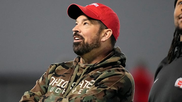 Ohio State Buckeyes head coach Ryan Day admires the new banners on the wall alongside Tyliek Williams during spring football practice at the Woody Hayes Athletic Center on March 17, 2025. Ohio State Buckeyes head coach Ryan Day admires the new banners on the wall alongside Tyliek Williams during spring football practice at the Woody Hayes Athletic Center on March 17, 2025.