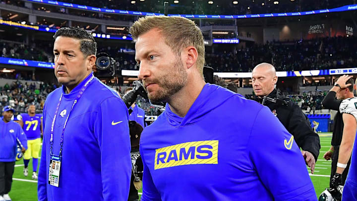 Nov 24, 2024; Inglewood, California, USA; Los Angeles Rams head coach Sean McVay following the loss against the Philadelphia Eagles at SoFi Stadium. Mandatory Credit: Gary A. Vasquez-Imagn Images