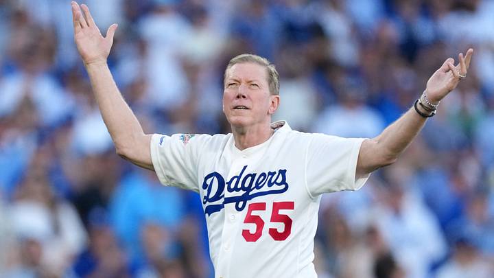 Oct 28, 2025; Los Angeles, California, USA; Los Angeles Dodgers former player Orel Hershiser reacts after throwing the ceremonial first pitch before game four of the 2025 MLB World Series between the Toronto Blue Jays and the Los Angeles Dodgers at Dodger Stadium. Mandatory Credit: Kirby Lee-Imagn Images Oct 28, 2025; Los Angeles, California, USA; Los Angeles Dodgers former player Orel Hershiser reacts after throwing the ceremonial first pitch before game four of the 2025 MLB World Series between the Toronto Blue Jays and the Los Angeles Dodgers at Dodger Stadium. Mandatory Credit: Kirby Lee-Imagn Images