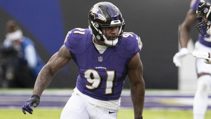 Nov 1, 2020; Baltimore, Maryland, USA; Baltimore Ravens defensive end Yannick Ngakoue (91) rushes during the second half as Pittsburgh Steelers offensive tackle Alejandro Villanueva (78) blocks at M&T Bank Stadium. Mandatory Credit: Tommy Gilligan-Imagn Images