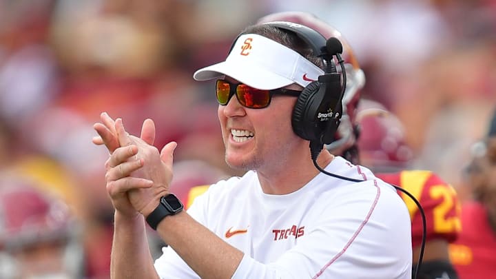 Nov 30, 2024; Los Angeles, California, USA; Southern California Trojans head coach Lincoln Riley watches game action against the Notre Dame Fighting Irish during the first half at the Los Angeles Memorial Coliseum. Mandatory Credit: Gary A. Vasquez-Imagn Images Nov 30, 2024; Los Angeles, California, USA; Southern California Trojans head coach Lincoln Riley watches game action against the Notre Dame Fighting Irish during the first half at the Los Angeles Memorial Coliseum. Mandatory Credit: Gary A. Vasquez-Imagn Images