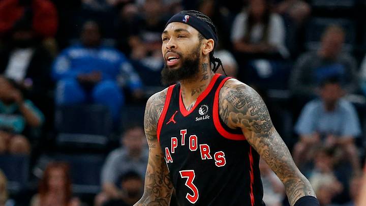 Apr 3, 2026; Memphis, Tennessee, USA; Toronto Raptors forward Brandon Ingram (3) reacts during the first quarter against the Memphis Grizzlies at FedExForum. Mandatory Credit: Petre Thomas-Imagn Images