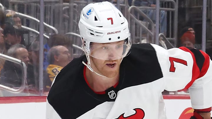 Feb 26, 2026; Pittsburgh, Pennsylvania, USA;  New Jersey Devils defenseman Dougie Hamilton (7) skates with the puck against the Pittsburgh Penguins during the third period at PPG Paints Arena. Mandatory Credit: Charles LeClaire-Imagn Images