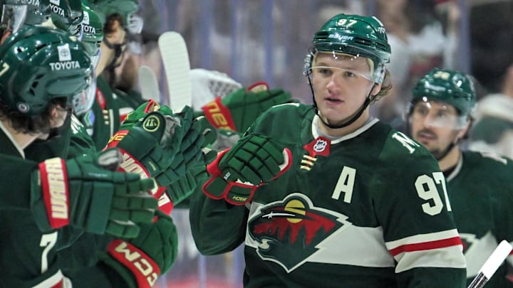 Apr 9, 2025; Saint Paul, Minnesota, USA;  Minnesota Wild forward Kiril Kaprizov (97) celebrates his power play goal against the San Jose Sharks during the second period at Xcel Energy Center. Mandatory Credit: Nick Wosika-Imagn Images