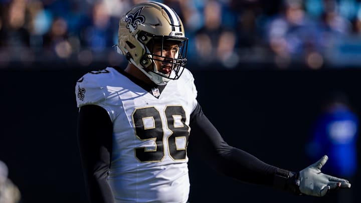 New Orleans Saints defensive end Payton Turner (98) reacts after receiving a penalty during the third quarter 