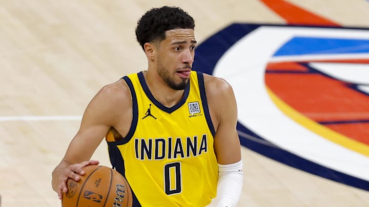 Jun 8, 2025; Oklahoma City, Oklahoma, USA; Indiana Pacers guard Tyrese Haliburton (0) brings the ball up court against the Oklahoma City Thunder during the third quarter of game two of the 2025 NBA Finals at Paycom Center. Mandatory Credit: Alonzo Adams-Imagn Images