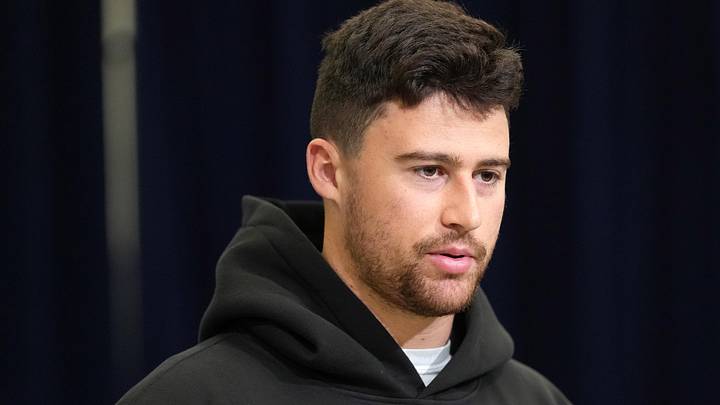 Northwestern defensive lineman Aidan Hubbard speaks during the NFL Scouting Combine.