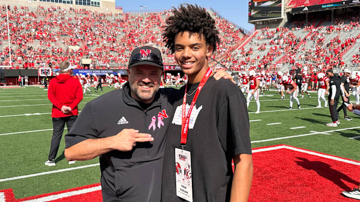 2027 four-star quarterback Trae Taylor with Nebraska football coach Matt Rhule after the 2024 Nebraska-Rutgers game. 2027 four-star quarterback Trae Taylor with Nebraska football coach Matt Rhule after the 2024 Nebraska-Rutgers game.