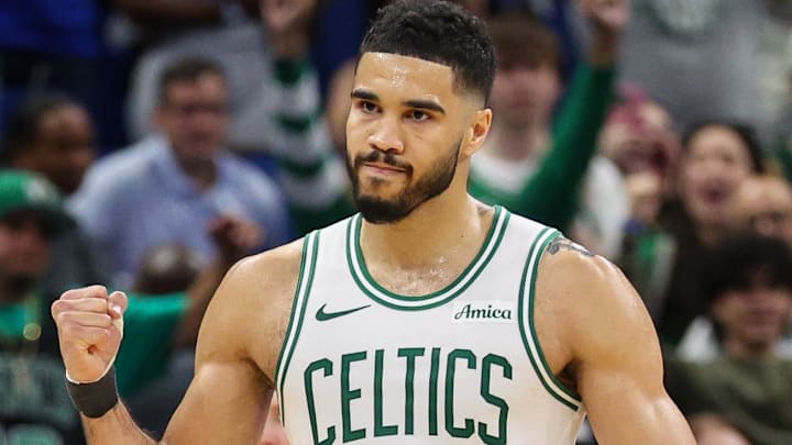 Apr 27, 2025; Orlando, Florida, USA; Boston Celtics forward Jayson Tatum (0) reacts after beating the Orlando Magic in game four of first round for the 2025 NBA Playoffs at Kia Center. Mandatory Credit: Nathan Ray Seebeck-Imagn Images