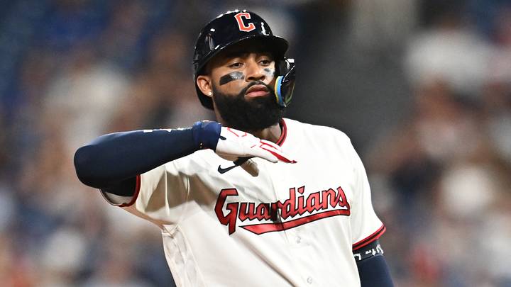 Sep 1, 2026; Cleveland, Ohio, USA; Cleveland Guardians right fielder Jo Adell (7) celebrates after hitting a double during the sixth inning against the Toronto Blue Jays at Progressive Field. Mandatory Credit: Ken Blaze-Imagn Images Sep 1, 2026; Cleveland, Ohio, USA; Cleveland Guardians right fielder Jo Adell (7) celebrates after hitting a double during the sixth inning against the Toronto Blue Jays at Progressive Field. Mandatory Credit: Ken Blaze-Imagn Images