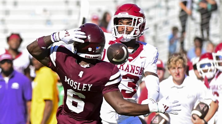 Mississippi State Bulldogs wide receiver Jordan Mosley (6) fails to make a catch while defended by Arkansas Razorbacks defensive back Doneiko Slaughter (3) during the fourth quarter at Davis Wade Stadium at Scott Field. Mississippi State Bulldogs wide receiver Jordan Mosley (6) fails to make a catch while defended by Arkansas Razorbacks defensive back Doneiko Slaughter (3) during the fourth quarter at Davis Wade Stadium at Scott Field.