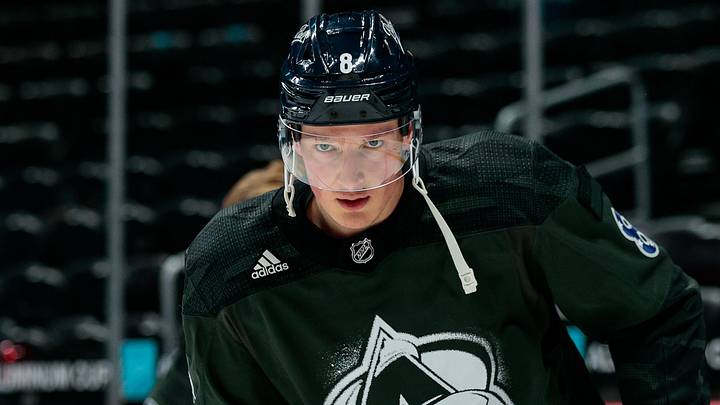 Apr 3, 2021; Denver, Colorado, USA; Colorado Avalanche defenseman Cale Makar (8) skates before a game against the St. Louis Blues at Ball Arena. Mandatory Credit: Isaiah J. Downing-USA TODAY Sports