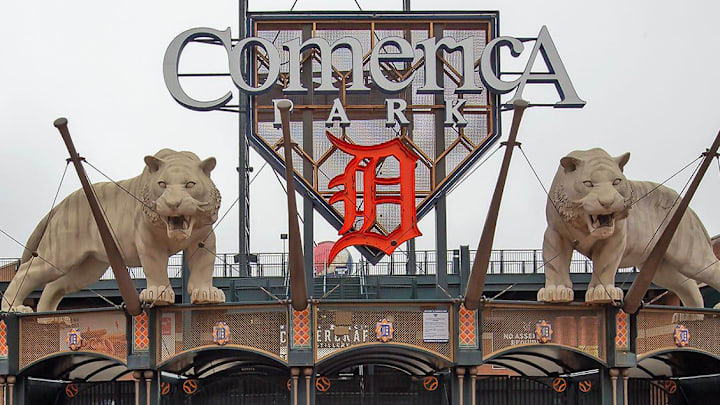 Streets and parking lots surrounding Comerica Park in downtown Detroit were nearly empty on Friday, March 27, 2020 during a state order for residents to stay at home amid the coronavirus pandemic.

Opening Day Comp 1 tiger statue, comerica park logo