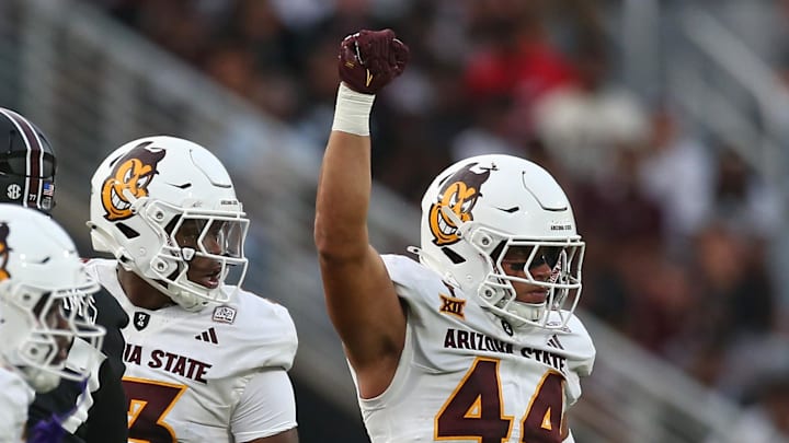 Sep 6, 2025; Starkville, Mississippi, USA; Arizona State Sun Devils linebacker Keyshaun Elliott (44) reacts after a tackle during the first quarter against the Mississippi State Bulldogs at Davis Wade Stadium at Scott Field. Mandatory Credit: Petre Thomas-Imagn Images
