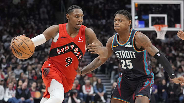 Mar 15, 2026; Toronto, Ontario, CAN; Toronto Raptors forward RJ Barrett (9) drives to the net against Detroit Pistons guard Marcus Sasser (25) during the second half at Scotiabank Arena. Mandatory Credit: John E. Sokolowski-Imagn Images