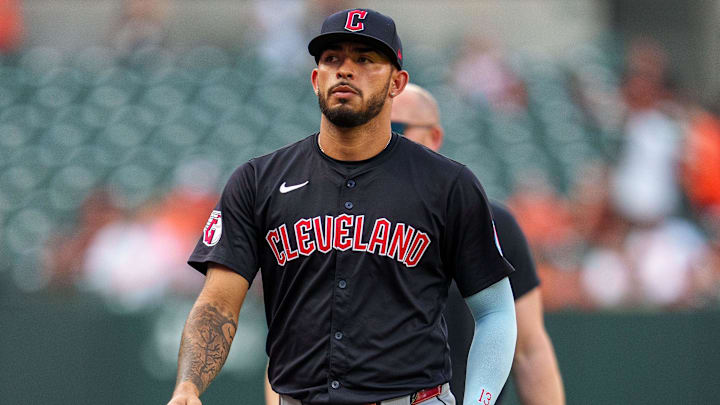 Jun 26, 2024; Baltimore, Maryland, USA; Cleveland Guardians third base Gabriel Arias (13) looks on before the game between the Baltimore Orioles and the Cleveland Guardians at Oriole Park at Camden Yards. Mandatory Credit: Reggie Hildred-Imagn Images