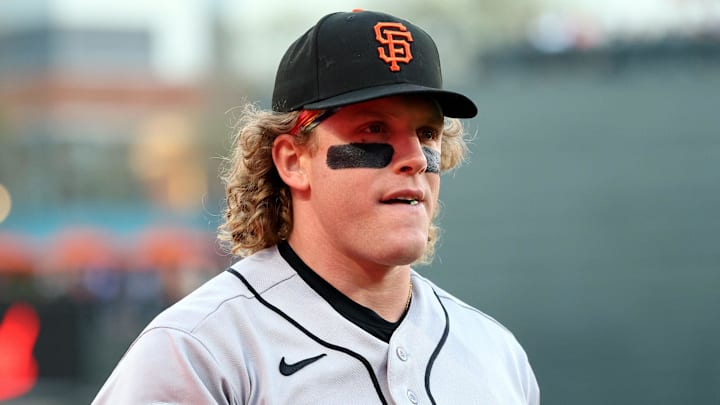 Apr 11, 2026; Baltimore, Maryland, USA; San Francisco Giants left fielder Harrison Bader (9) looks on before a game against the Baltimore Orioles at Oriole Park at Camden Yards. Mandatory Credit: Daniel Kucin Jr.-Imagn Images